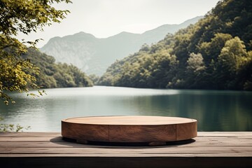 Wooden Round Podium For Product With Nature Background