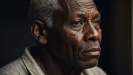 Fototapeta na wymiar Portrait of sad bald black african elderly senior man from Generative AI