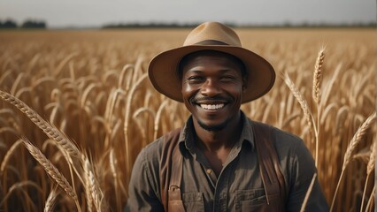 Naklejka na ściany i meble Portrait of a smiling black african farmer on a wheat field background from Generative AI