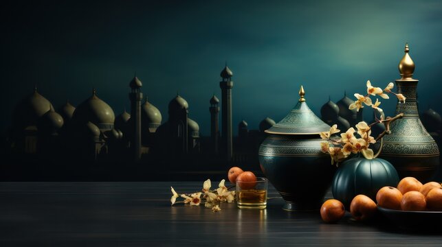 A lantern is placed on a wooden table with a beautiful background for the Muslim feast of the holy month of Ramadan Kareem. Eid ul Fiter, Eid ul Adha, Islamic wallpaper and background