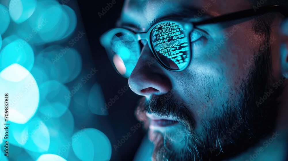 Poster close-up portrait of a person wearing glasses, with reflections of a computer screen displaying code