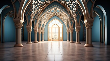 background for the Islamic holiday of Ramadan in a minimalist style, with a podium, with sunlight, in light beige delicate shades and elements of nature. - obrazy, fototapety, plakaty