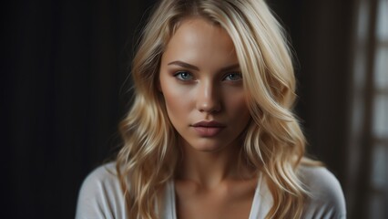 Portrait of a blonde beautiful intimate model with natural features for seductive ad concept from Generative AI