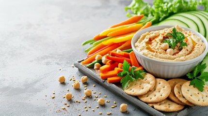 Colorful Vegan Snack Spread with Hummus, Fresh Vegetables, and Crackers - obrazy, fototapety, plakaty