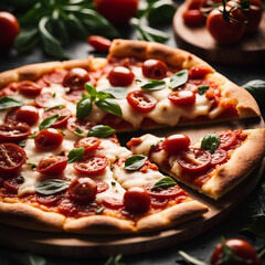 Pizza with mozzarella cheese, tomatoes and basil on dark background