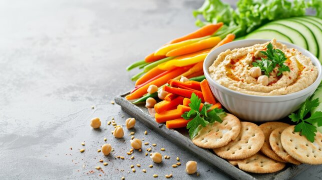 Colorful Vegan Snack Spread with Hummus, Fresh Vegetables, and Crackers