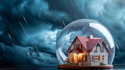 Conceptual Representation of a Protected Home Under a Transparent Dome Shielding from Storm