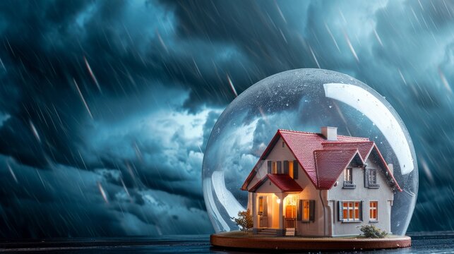 Conceptual Representation of a Protected Home Under a Transparent Dome Shielding from Storm