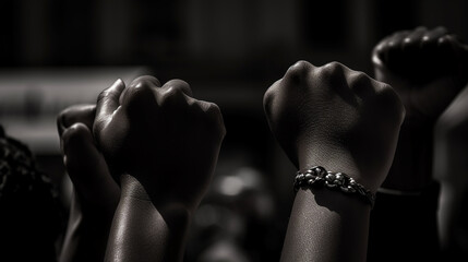 Cropped shot of hands rsed with closed fists. Multiple hands rsed up with closed fist symbolizing the black lives matter movement. - obrazy, fototapety, plakaty