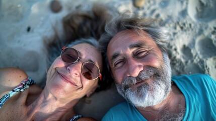 Senior couple enjoying the sun and seaside holidays while lying on the sandy beach