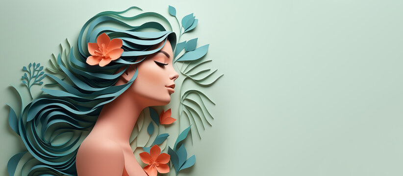 Beauty woman face with flower annd green leaf illustration papercut style with copy space. Template for international woman's day and positive mental health concept. Generative ai.