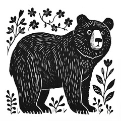 Obraz premium Hand drawn bear in a minimal linocut style. Black and white graphic illustration isolated on white background