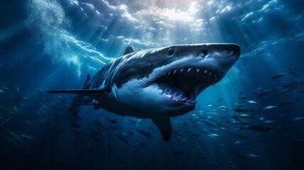 Fototapeta premium Majestic Great White Shark Gliding Through a School of Fish Under Ocean Rays