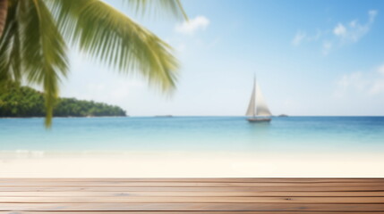 Empty wooden tabletop with sea and sunny beach background. Copy space	