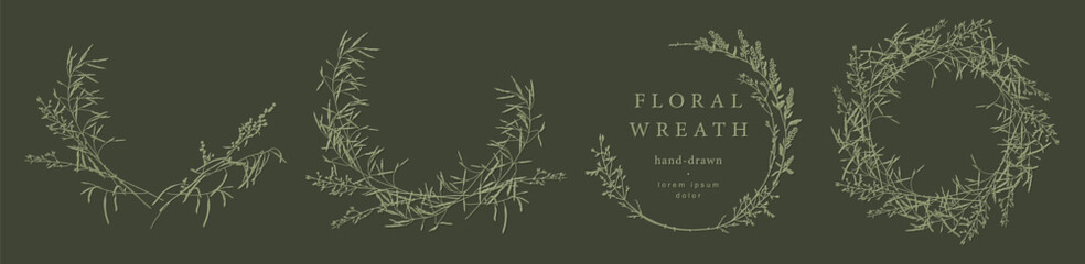 Elegant сircle frames. Floral wreath with hand drawn wild herbs and flowers. Vector vintage botanical illustration for invitation or wedding decor, logo, labels, branding, business identity © Feodora_21