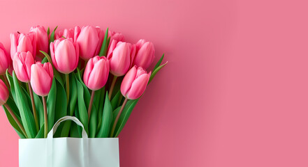 Fototapeta premium A bouquet of tulips in a gift bag on a pink background. Banner, space for text.