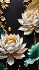 Abstract background is a white and gold lotus on a black background.