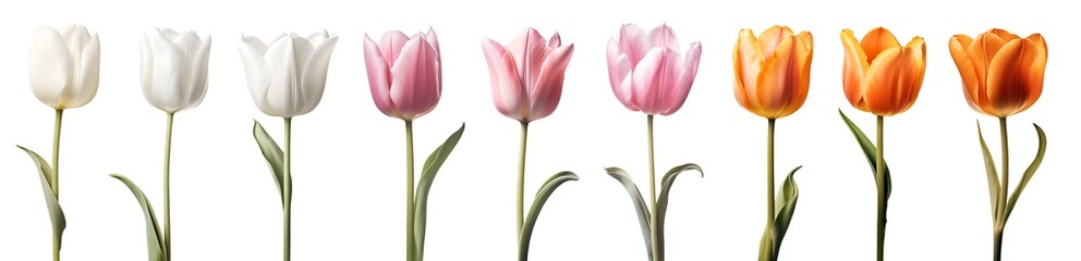 Collection set of white cream pink orange stalk of tulip tulips flower floral with leaves on transparent background cutout, PNG file. Mockup template artwork graphic design - obrazy, fototapety, plakaty