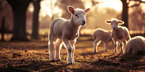 Adorable lambs in a paddock on a sunny day - obrazy, fototapety, plakaty