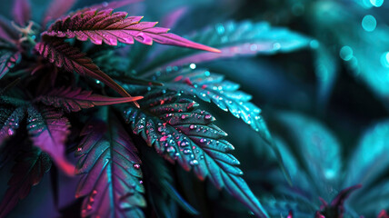 Neon marijuana leaves close up shiny leaves of flowering cannabis bushes - obrazy, fototapety, plakaty