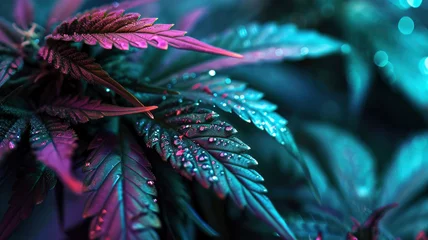 Fotobehang Neon marijuana leaves close up shiny leaves of flowering cannabis bushes © ТаtyanaGG