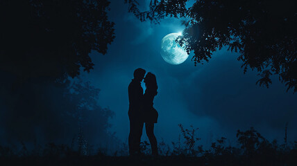 Fototapeta na wymiar Couple Romance Night Blue light Big moon Valentines day background 