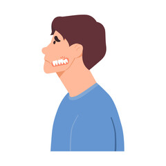 Man suffers from dental problems, wisdom teeth, toothache. Vector on white background, flat style.