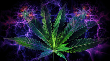 marijuana leaves close up glowing neon shiny leaves of flowering cannabis bushes on psychedelic background
