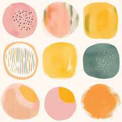Conjunto de nove formas coloridas e abstratas nas cores amarelo, bege, laranja, azul e rosa isoladas no fundo branco - Ilustração estilo clipart