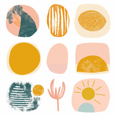 Conjunto de nove formas coloridas e abstratas nas cores amarelo, bege, laranja, azul e rosa isoladas no fundo branco - Ilustração estilo clipart