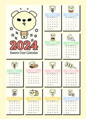 Calendar for 2024 year with cute cartoon pet. Vector illustration.