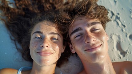 selfie portrait of a young heterosexual couple, laying on the sandy beach together sunbathing,