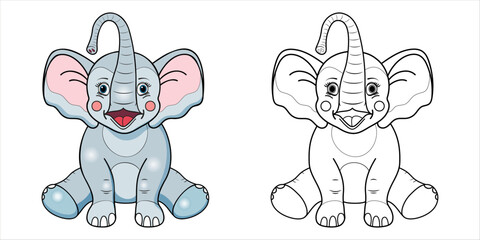Cartoon Animal Elephant line and color. Cartoon vector illustration for coloring book