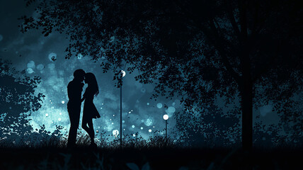 Couple Romance Night Blue light Big moon Valentines day background 