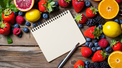 Creative Writing Inspiration with Blank Notebook Amidst Colorful Assortment of Fresh Fruits