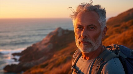 Active elderly man with gray hair wearing sports wear for hiking and backpack is standing on the hill looking at the sunset over the ocean. He is happy and relaxed.