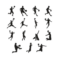 Basketball players icons collection dynamic black silhouettes sketch