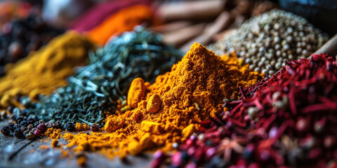 Fototapeta premium Close up of spices and herbs on the table
