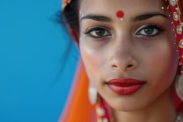 Close-up of an Indian woman in traditional attire with a bindi, isolated on a royal blue background.
