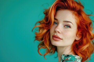 Close-up studio portrait of a European woman with vibrant red hair, isolated on a teal background