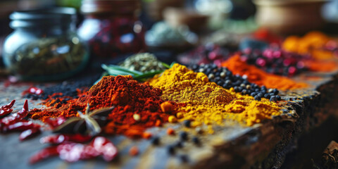 Close up of  spices and herbs on the table