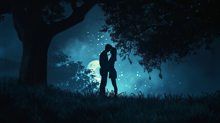 Couple Romance Night Blue light Big moon Valentines day background 