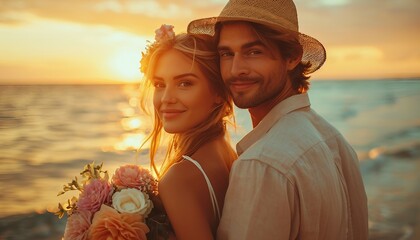 couple in love embracing having romantic date on beach, man holding flowers behind his back, giving gift to his girlfriend, romantic, couple, love, beach.