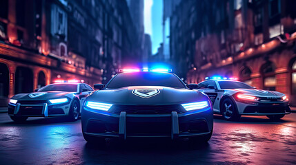 Three police cars prepared for fast security intervention. Postproducted generative AI illustration. - obrazy, fototapety, plakaty