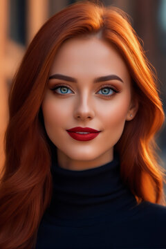 The image features a close-up of a beautiful woman with red hair and blue eyes. She is wearing red lipstick and a black turtleneck. The background is blurry.