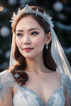 ice princess, shimmering gown, glistening snowflakes