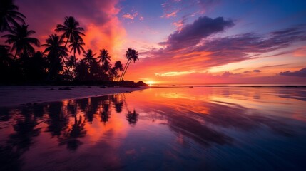 Fototapeta na wymiar palm tree on the beach during sunset pink sky of beautiful a tropical beach. Neural network AI generated art