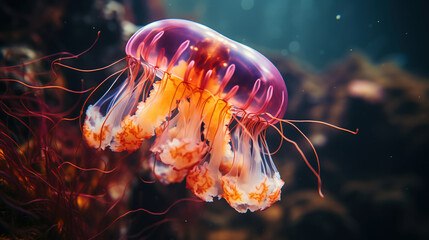 A photo of a bright, beautiful jellyfish swimming in the ocean. Generative AI