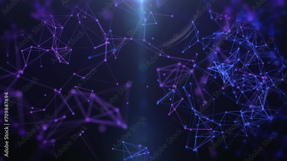 Poster abstract digital low poly data network flowing 4k motion zoom in concept on blue background.