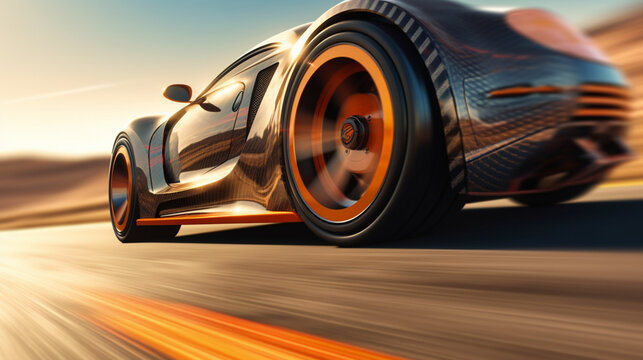 fast moving car on highway wallpaper Highway . Powerful acceleration of a supercar illustration . Closeup poster 
